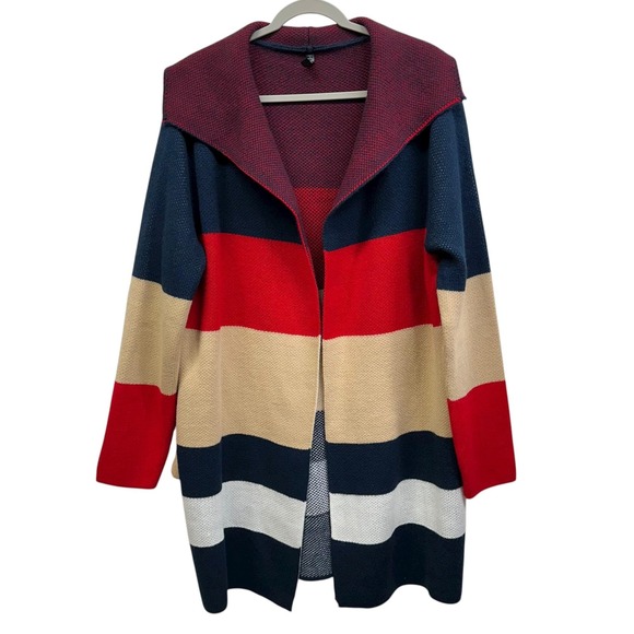 Lapis Sweaters - Lapis Sweater Womens Extra Large Navy Red Hooded Open Front Cardigan Striped